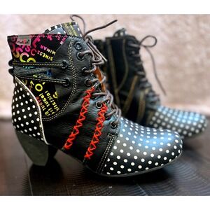 Maia Polka Dot Graphic Leather Ankle Boot Womens EUR 38 Black Multi Good Lace Up